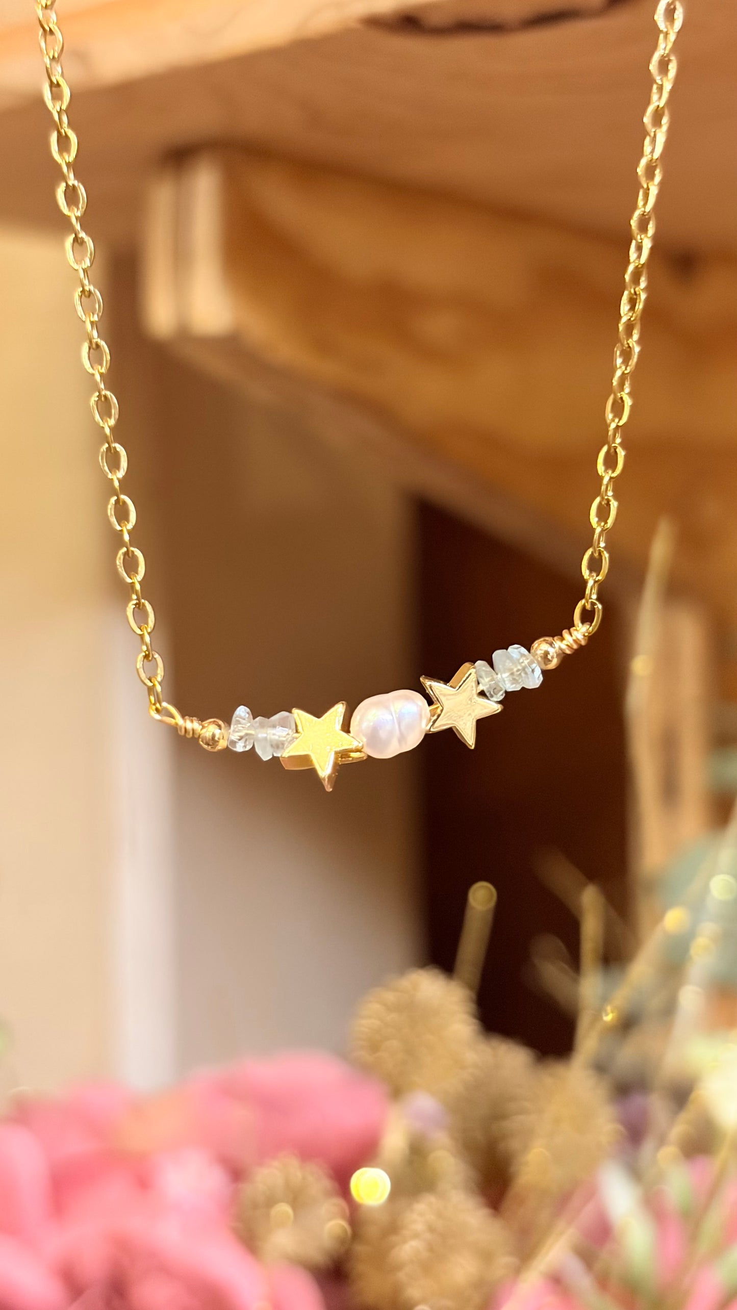 Collar Esmeralda Perla y Estrellas