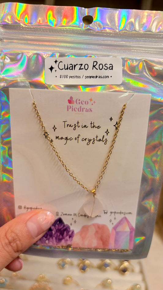 Collar Sencillo Mineral •Stock de 100 Pesitos • Cuarzo Rosa