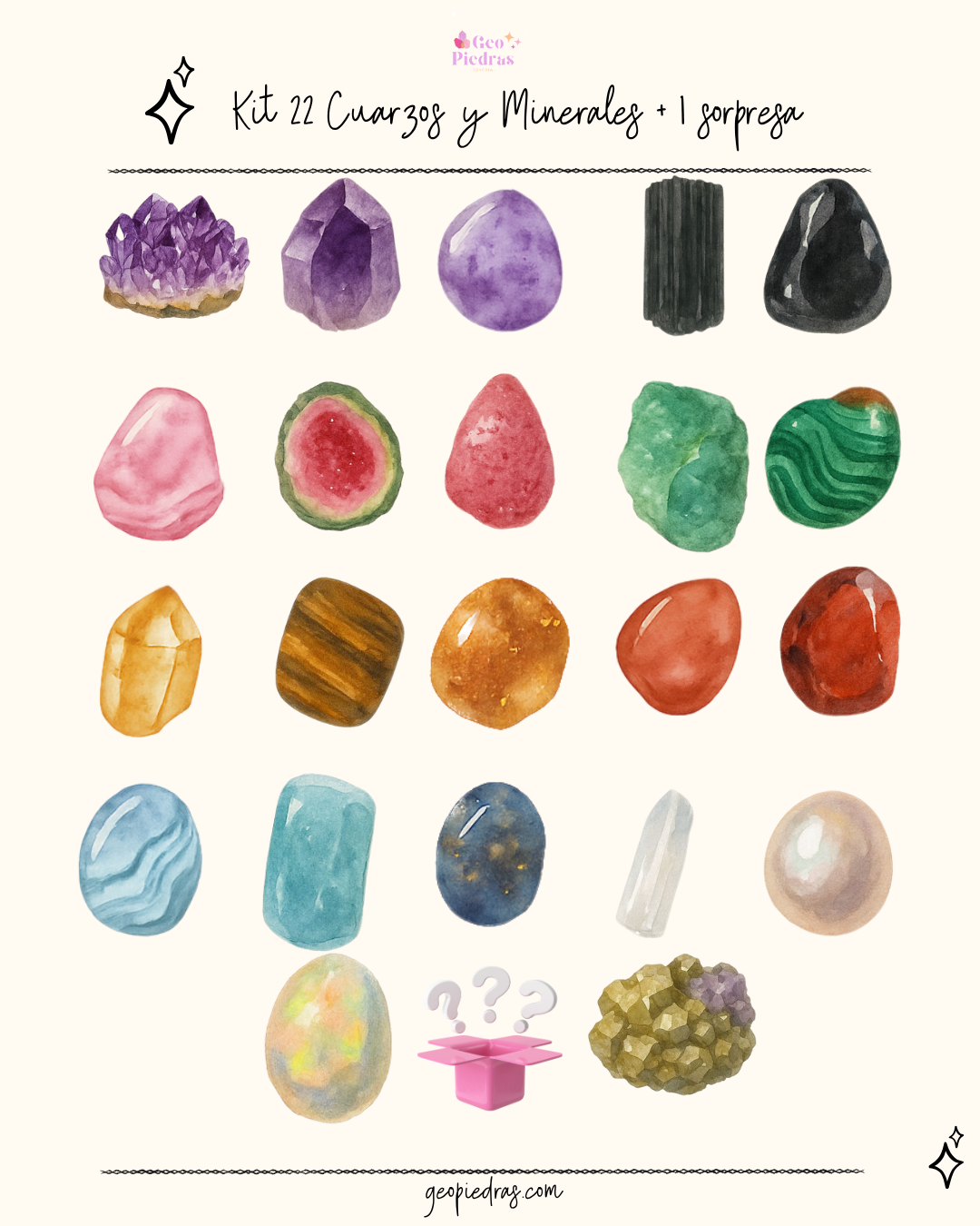 Kit de 22 Cuarzos y Minerales- Grimorio de los Cuarzos y  Minerales  Vol 1 - + 1 Mineral Sorpresa