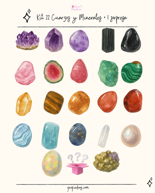 Kit de 22 Cuarzos y Minerales- Grimorio de los Cuarzos y  Minerales  Vol 1 - + 1 Mineral Sorpresa