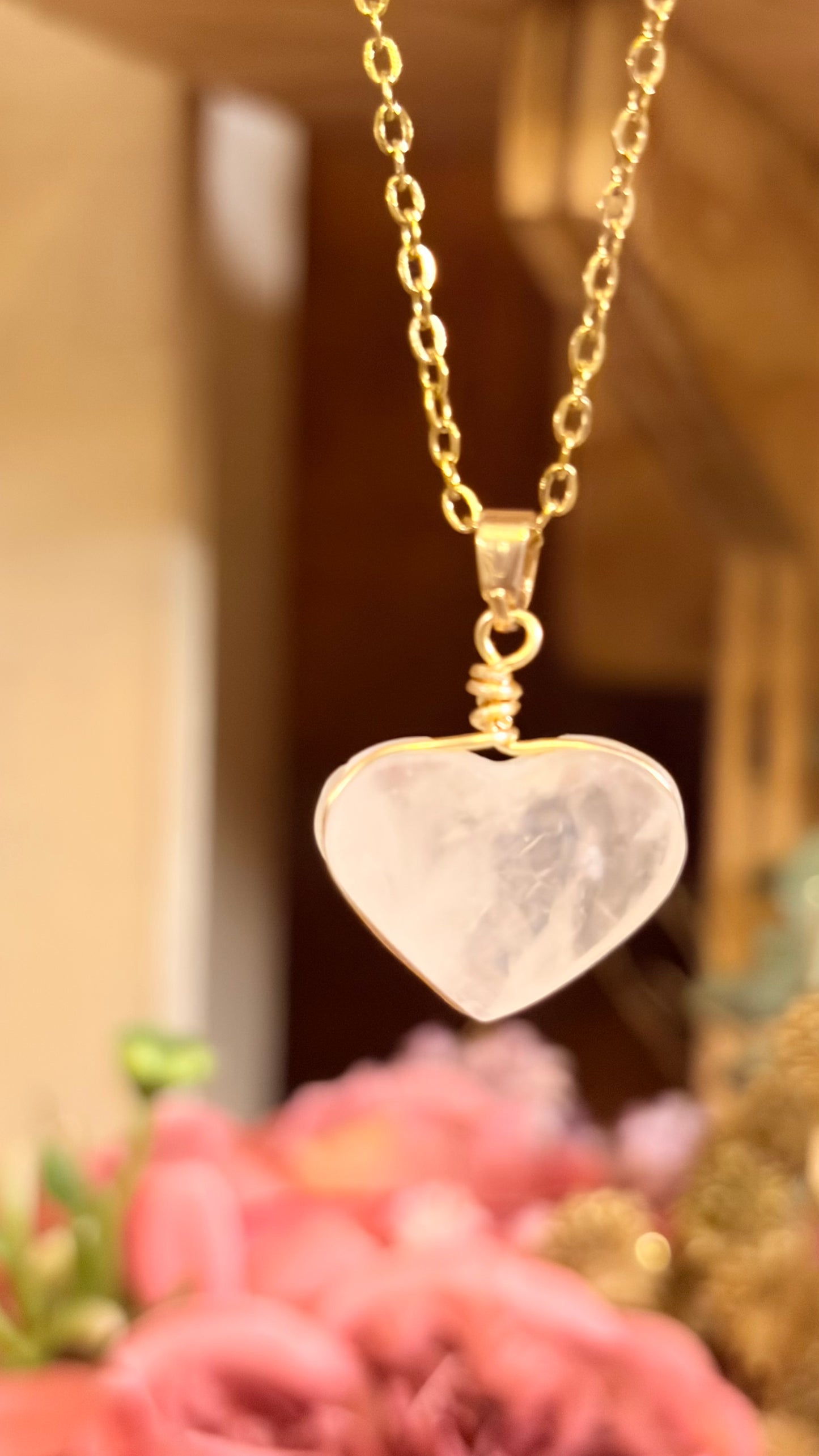 Collar Corazón Cuarzo Rosa Ranurado (Pieza Única)