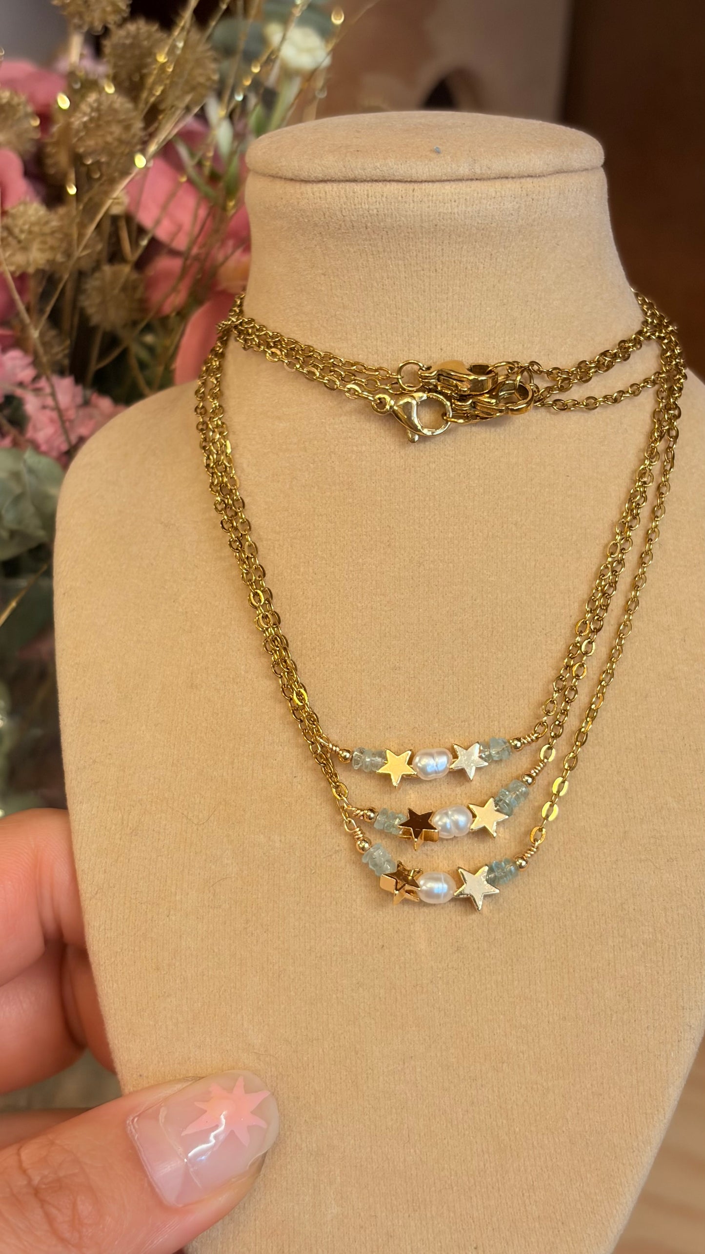 Collar Esmeralda Perla y Estrellas